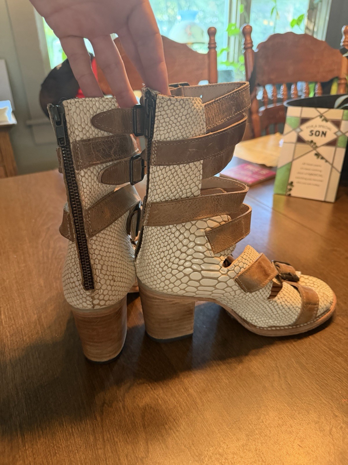 Freebird by Steven Strappy Buckle Zip Block Heel Leather Snake Sandals 7