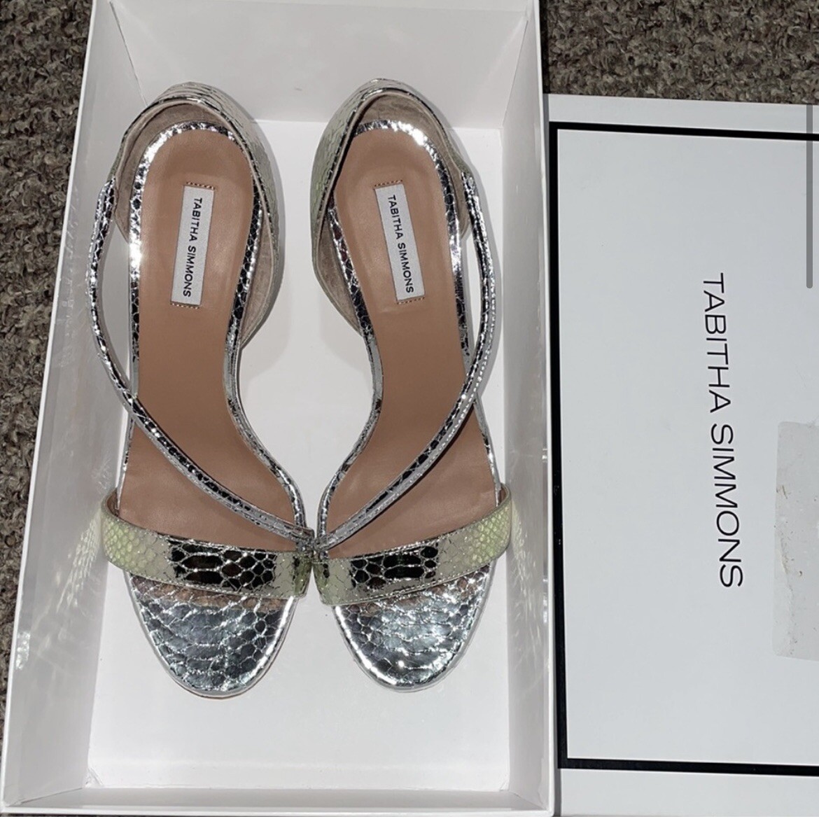 Tabitha Simmons $695 Silver Metallic Snakeskin Heel Sandals Size 8 Evening Glam