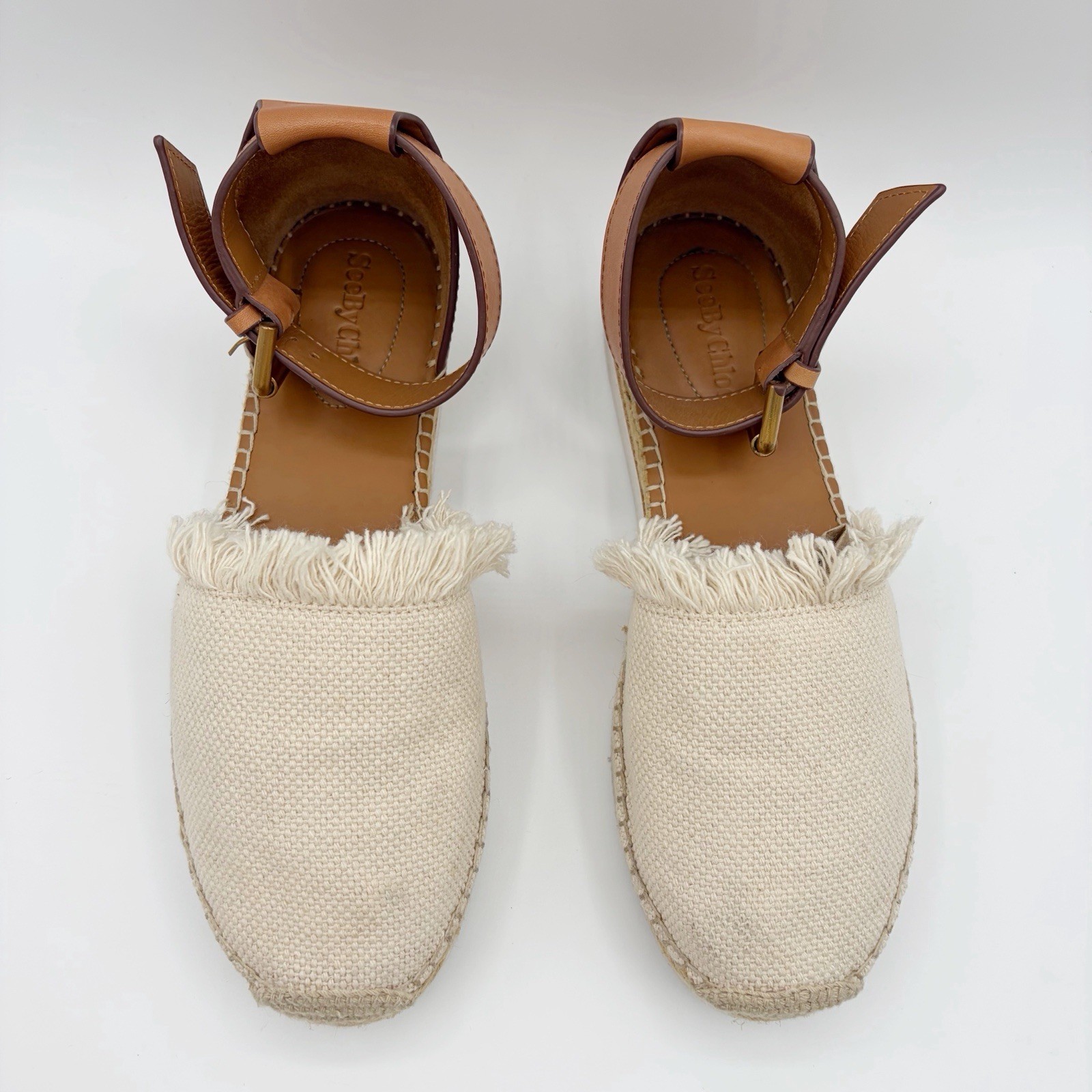 See by Chloe Glyn Espadrille Shoe Natural Tan Fringe Leather Calfskin 7.5 EU 38