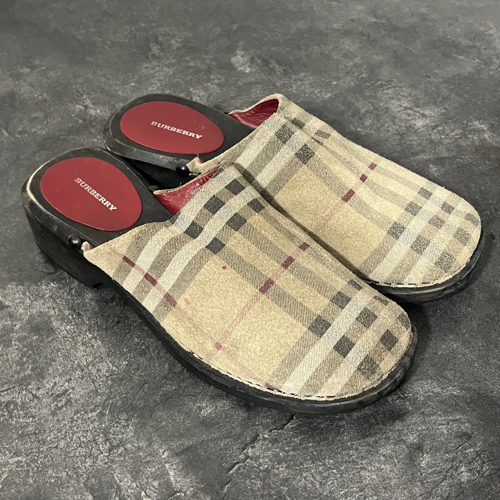 Burberry Clog Mules Women 38 Beige Nova Check Vintage Wooden Platform Heel Fair