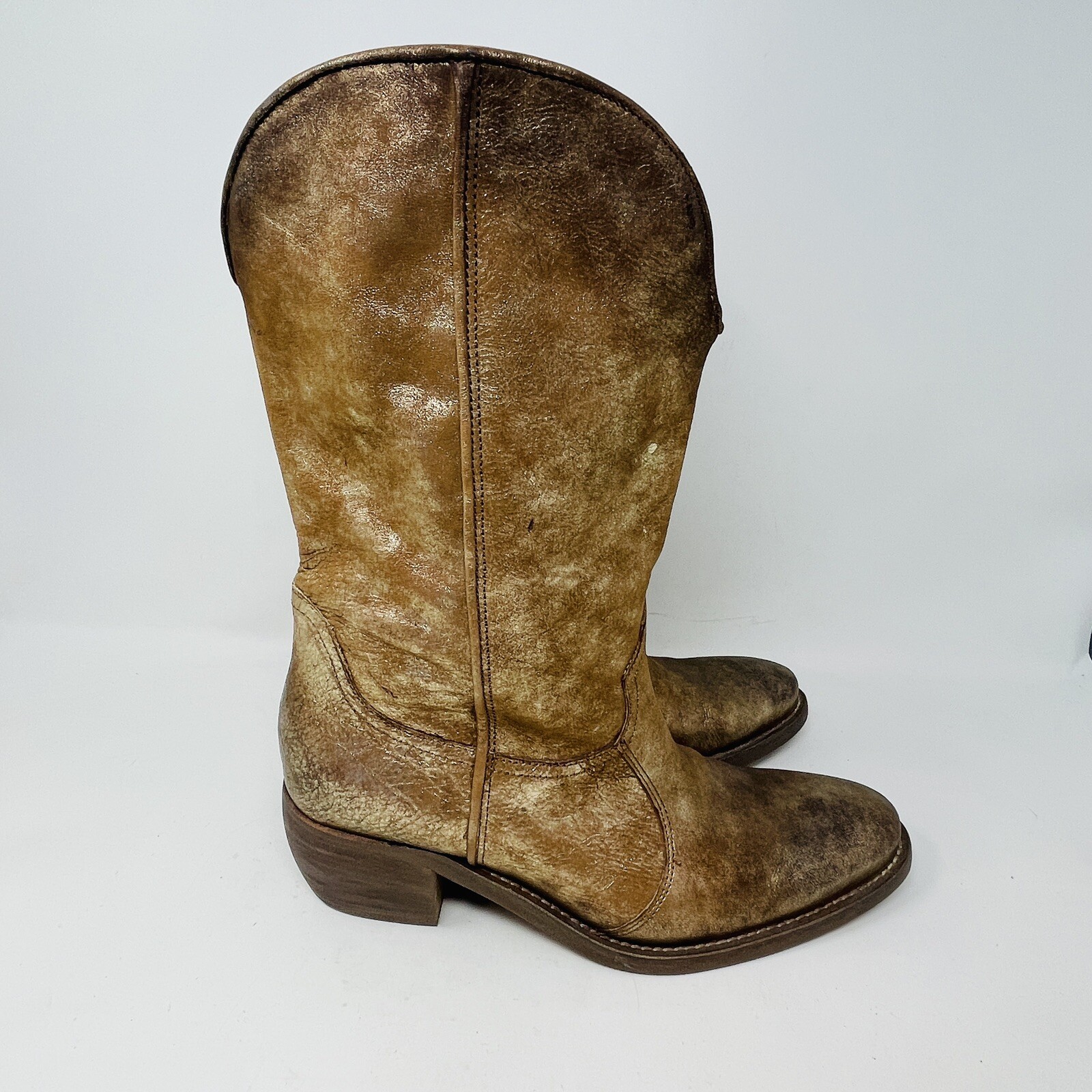 Arnold Churgin Women Boots 40 Gold Leather Metallic Handmade Canada Western RARE