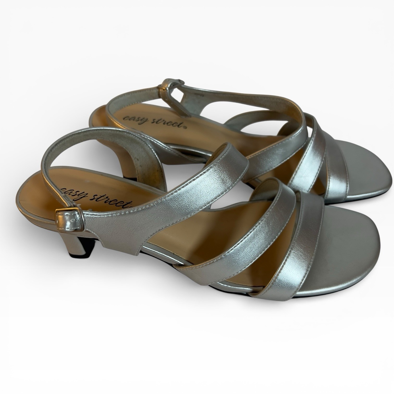 Easy Street Silver Strappy Kitten Heel Sandals Women Size 10W Wide Wedding Dress
