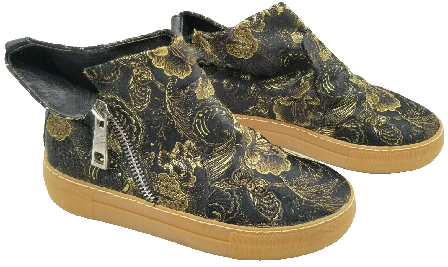 J Slides Womens Black Gold Floral Fabric Round Toe Zipper Ankle Booties 6