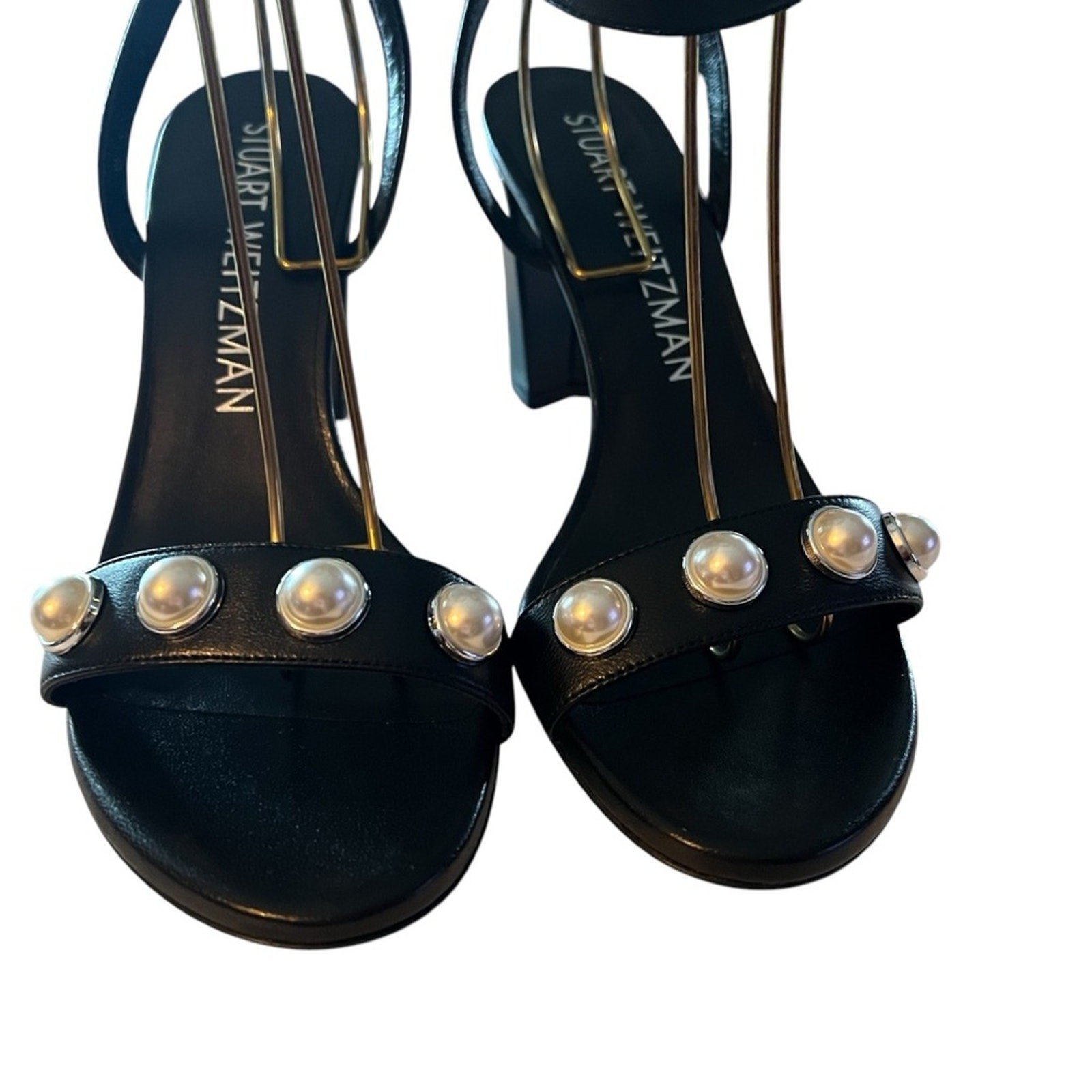 Stuart Weitzman Nearlybare Portia 85MM Leather Heels Faux Pearl NEW 9.5