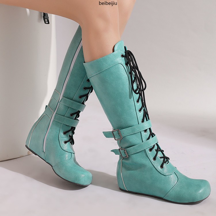 Women’s Mid Calf Hidden Wedge Heel Boots Lace Up Buckle Casual Shoes 48/49/50