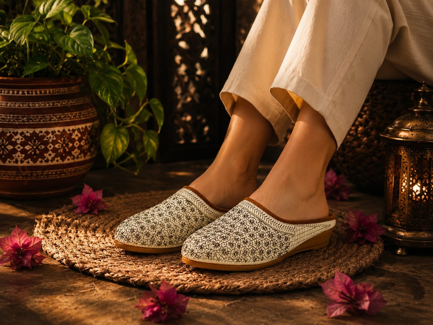Women’s White Floral Embroidered Boho Mule Flats Slip On Ethnic Jutti Shoes