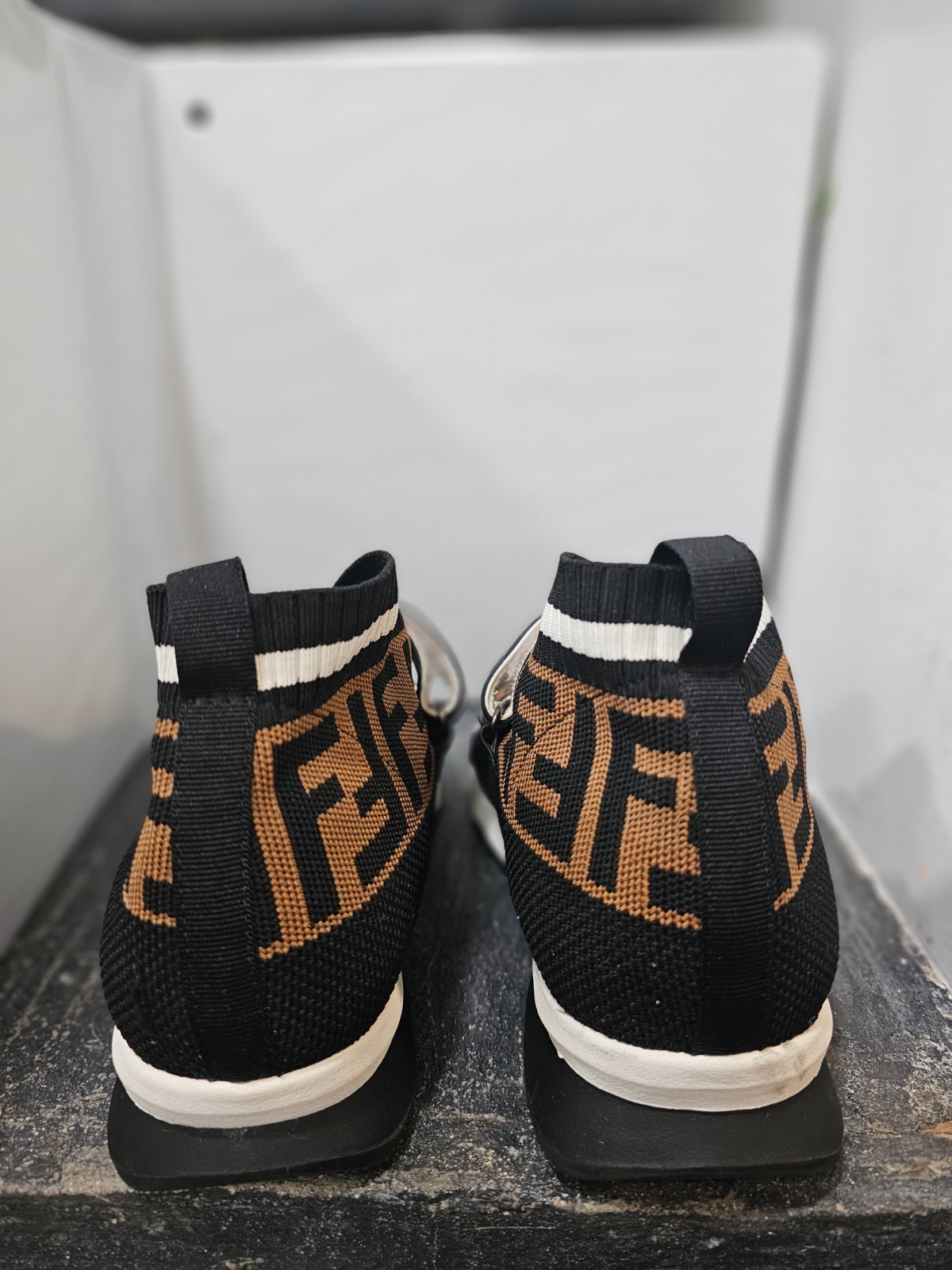 Fendi Rockoko Sock Sneakers Black Brown Logo Knit «LOVE» Strap Women’s Size 38