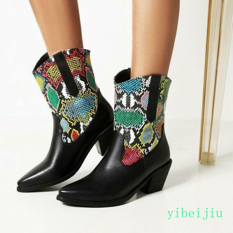 Serpentine Snakeskin Pattern Womens Ankle Boot Shoes Patchwork Mid Heel Cowgirl