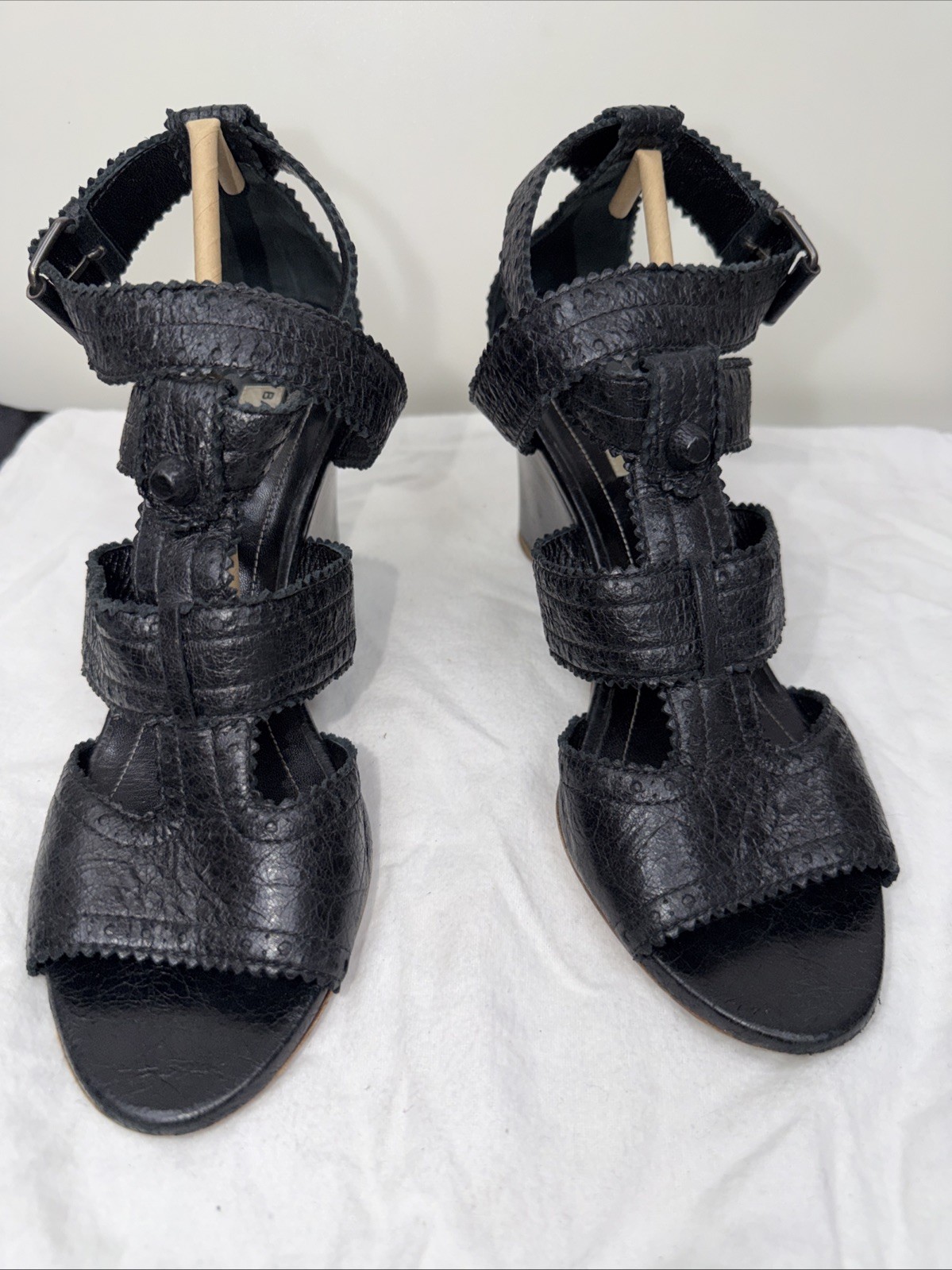Balenciaga 39.5 Sandals Wedge Gladiator Caged Ankle Booties Covered Studs Poms
