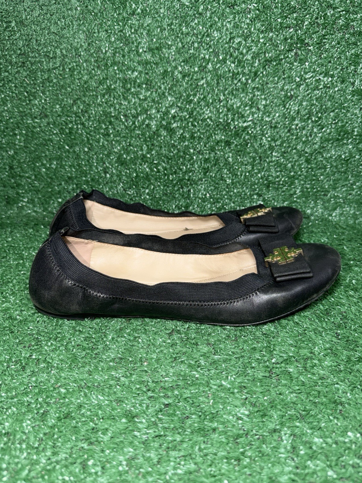 Tory Burch Shoes Women Size 9.5 Black Leather Gold Grosgrain Bow Sedgwick Ballet