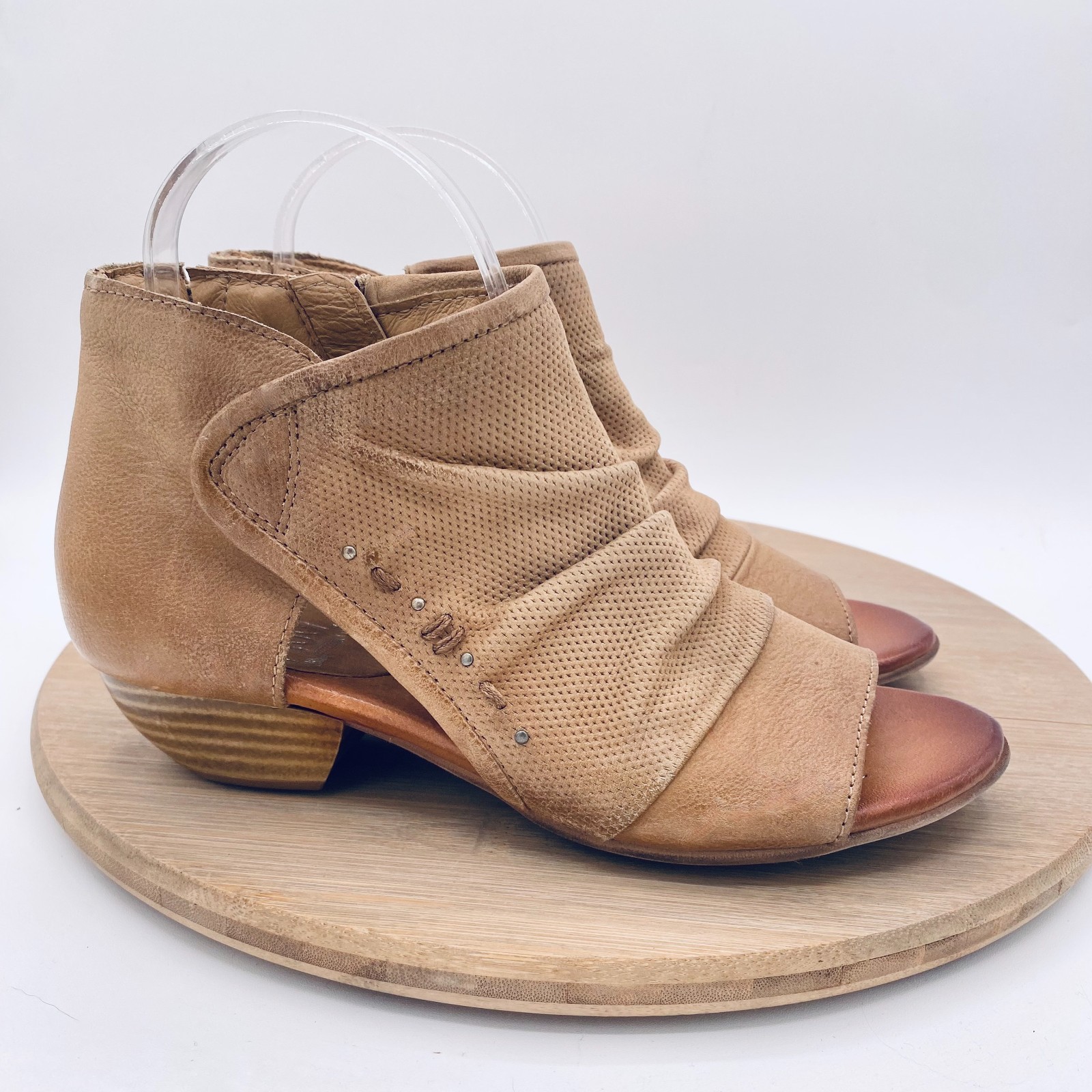 Miz Mooz Boots Womens 6.5 37 Tan Leather Ruched Ankle Booties Peep
