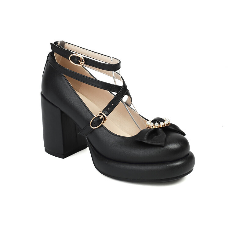 Lolita Bow Ankle Strappy Pumps Womens Chunky Block Heels Platform Cosplay Shoes
