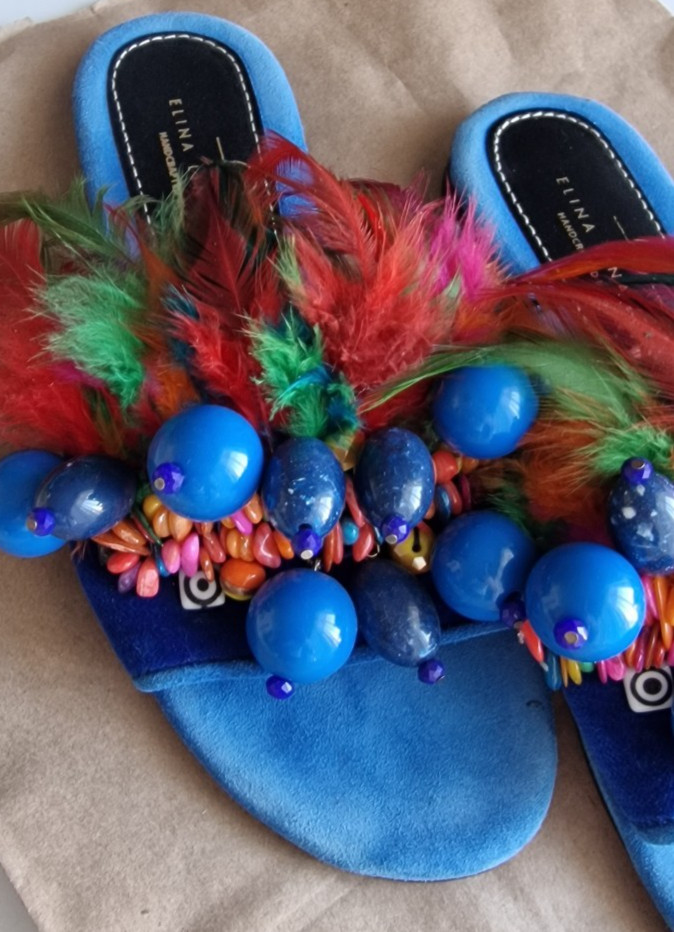 Elina Linardaki Blue Suede Feather Beaded Slide Sandals Handcrafted Greece EU 38
