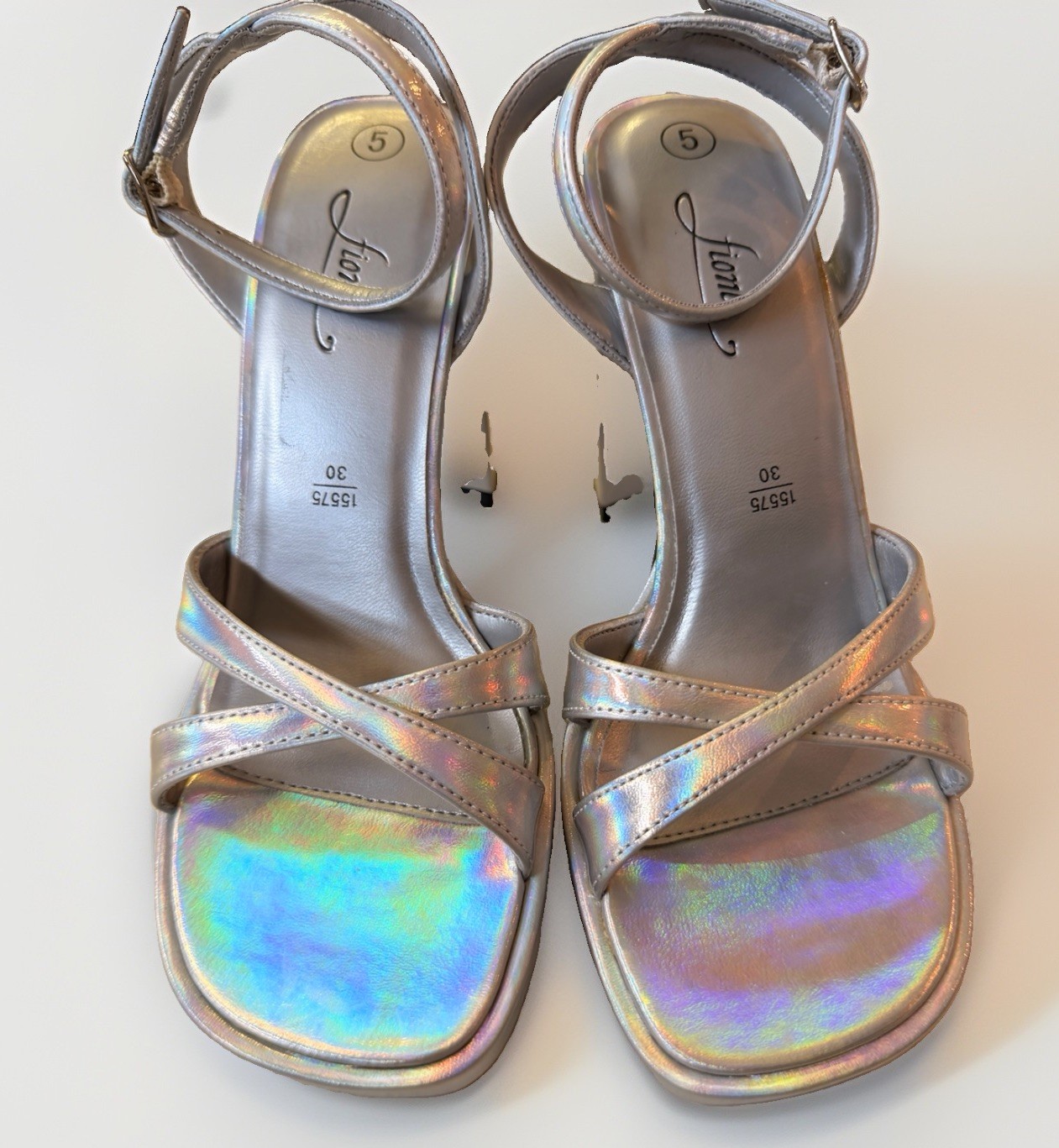Womens Silver Holographic Platform Block Heel Ankle Strap Square Toe Sandals
