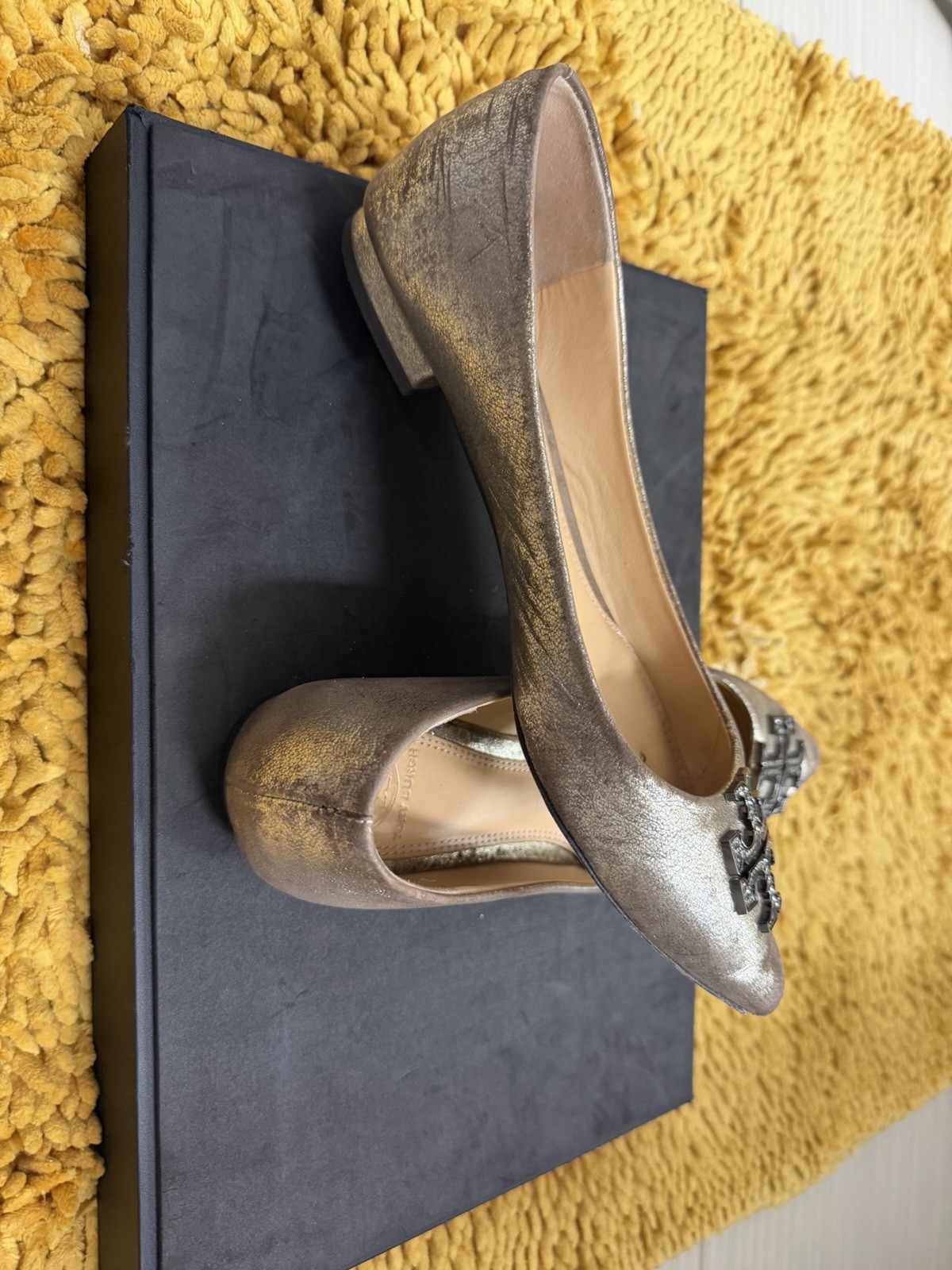 Tory Burch Metallic Pewter Pointed Toe Flats with Crystal T Cross Logo Size 7
