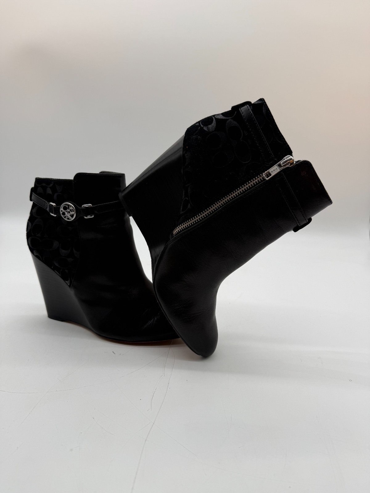 Coach Safira Black Leather Signature Heel Wedge Booties Shoes A4146 Size 9B