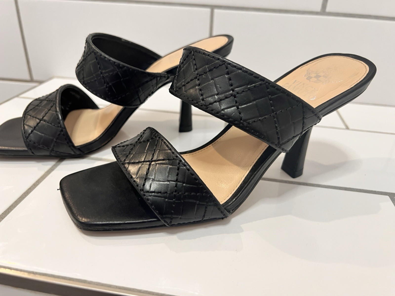 Vince Camuto Aslee Black Quilted Leather Square Toe Heeled Mule Sandals