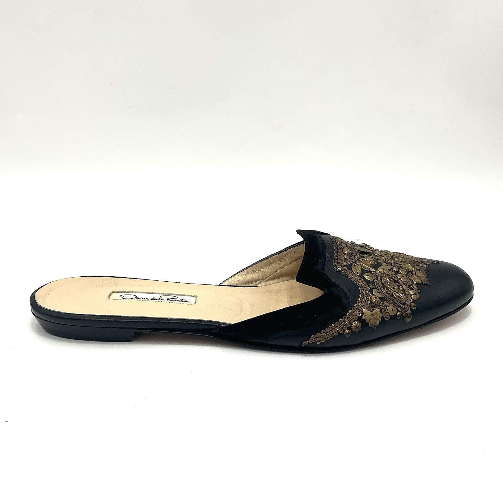 Oscar de la Renta Black Leather Embellished Mules Slip-on Flats Slides Size 9 US