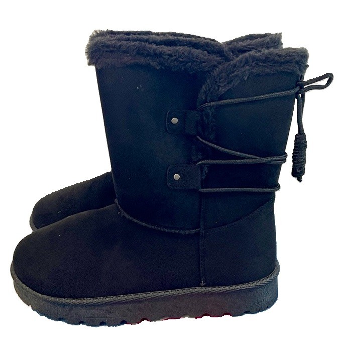 New! Women’s Black Suede Ankle Boot Faux Fur Lace-Up Wedge Shoe 7.5 Winter Fall