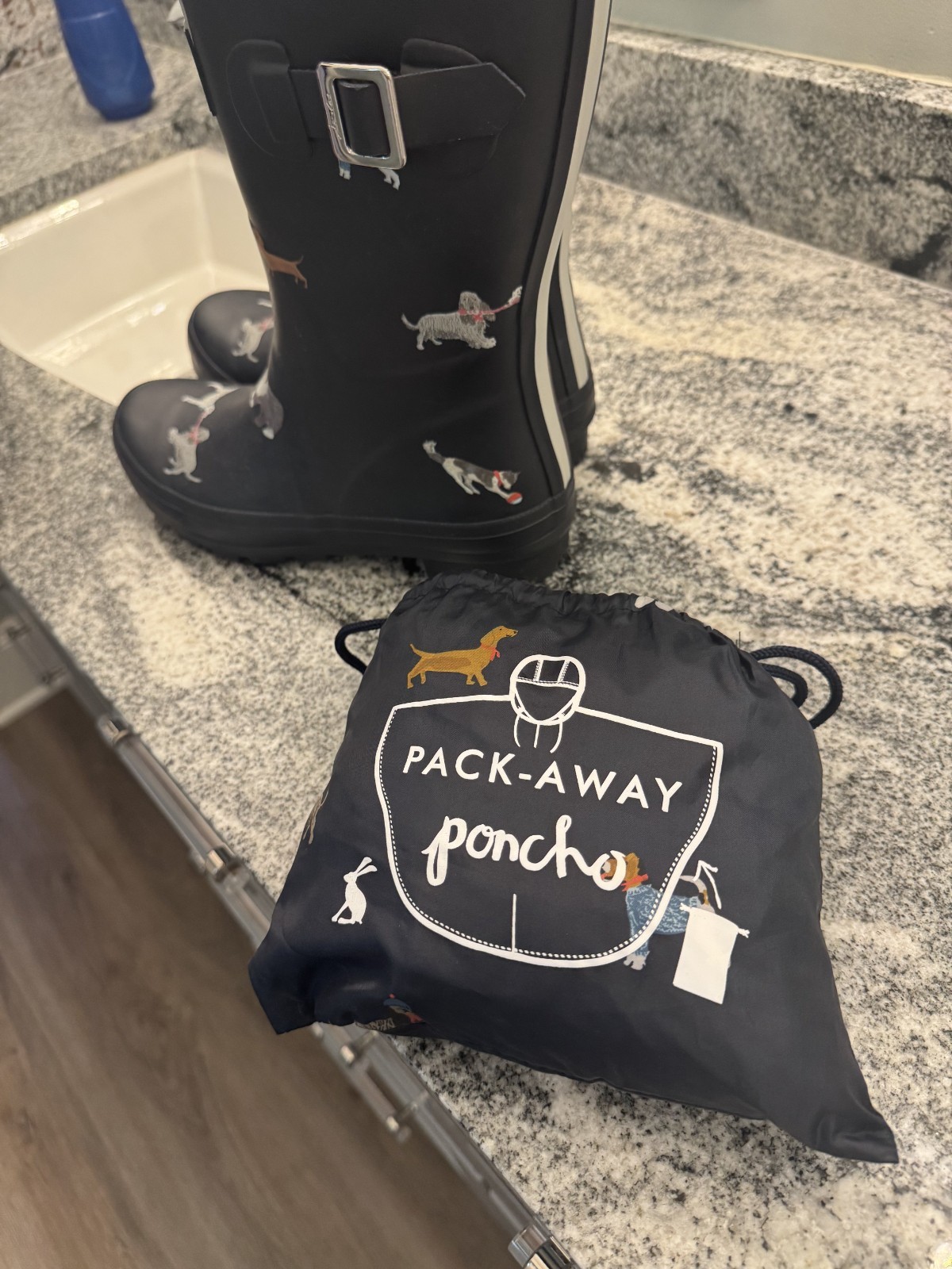Joules Welly Women’s Rain Boots US 9 UK 7 PLUS PONCHO Navy Blue Dog Print