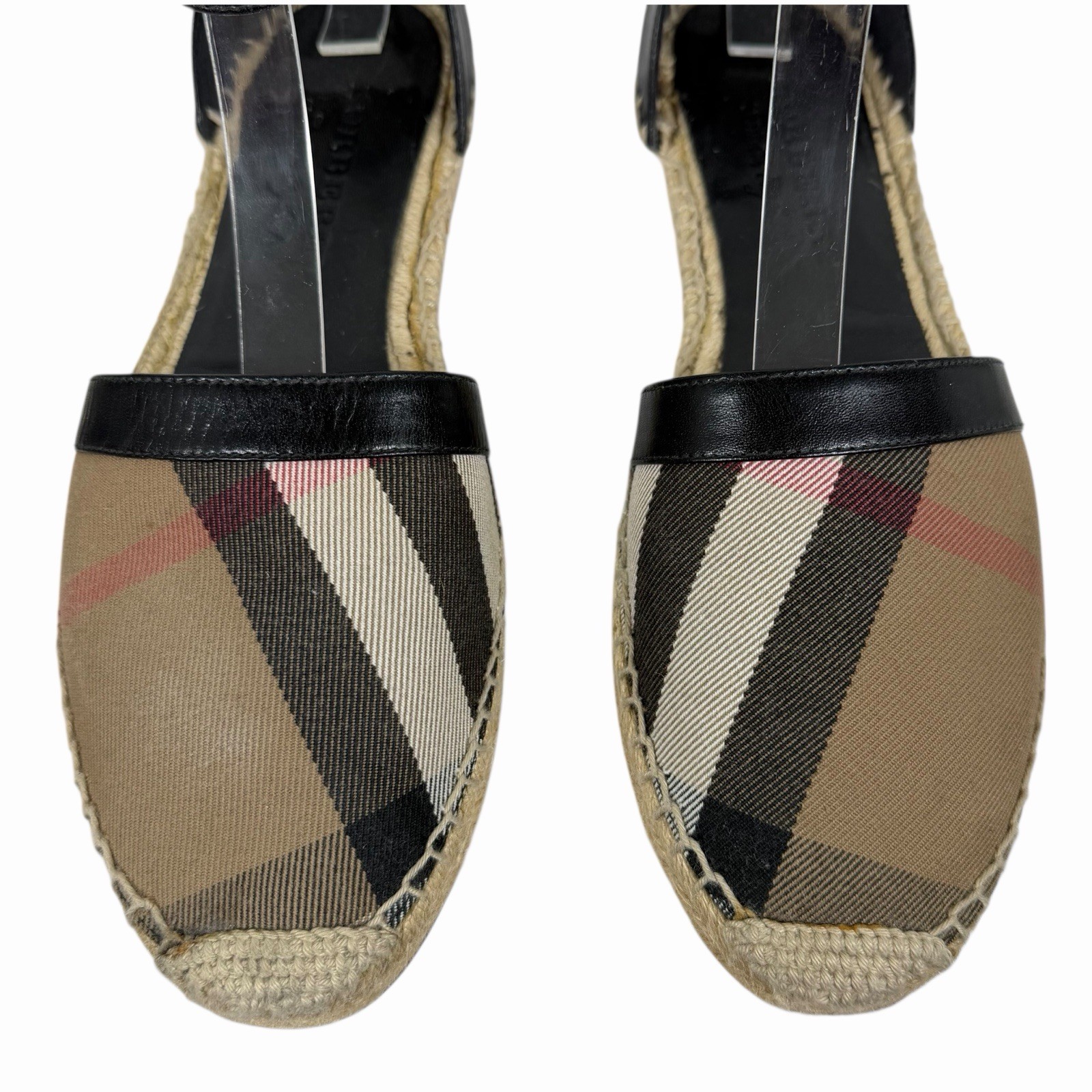 Burberry Abbington Nova Check Ankle Strap Espadrille Flats Black Women Size 41