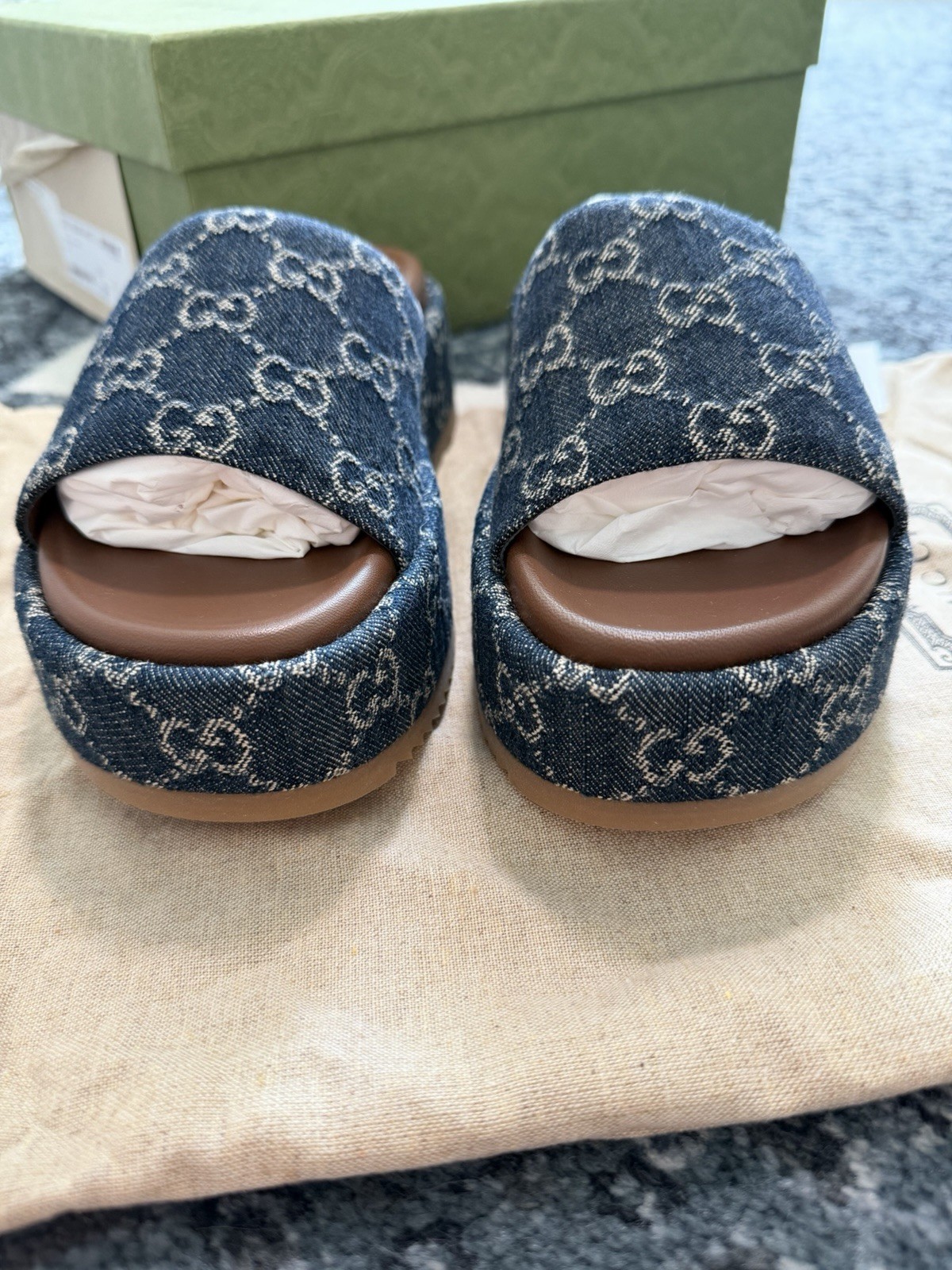 New!!! Gucci New Denim GG Monogram Angelina Platform 55mm Slide Sandals 37.5