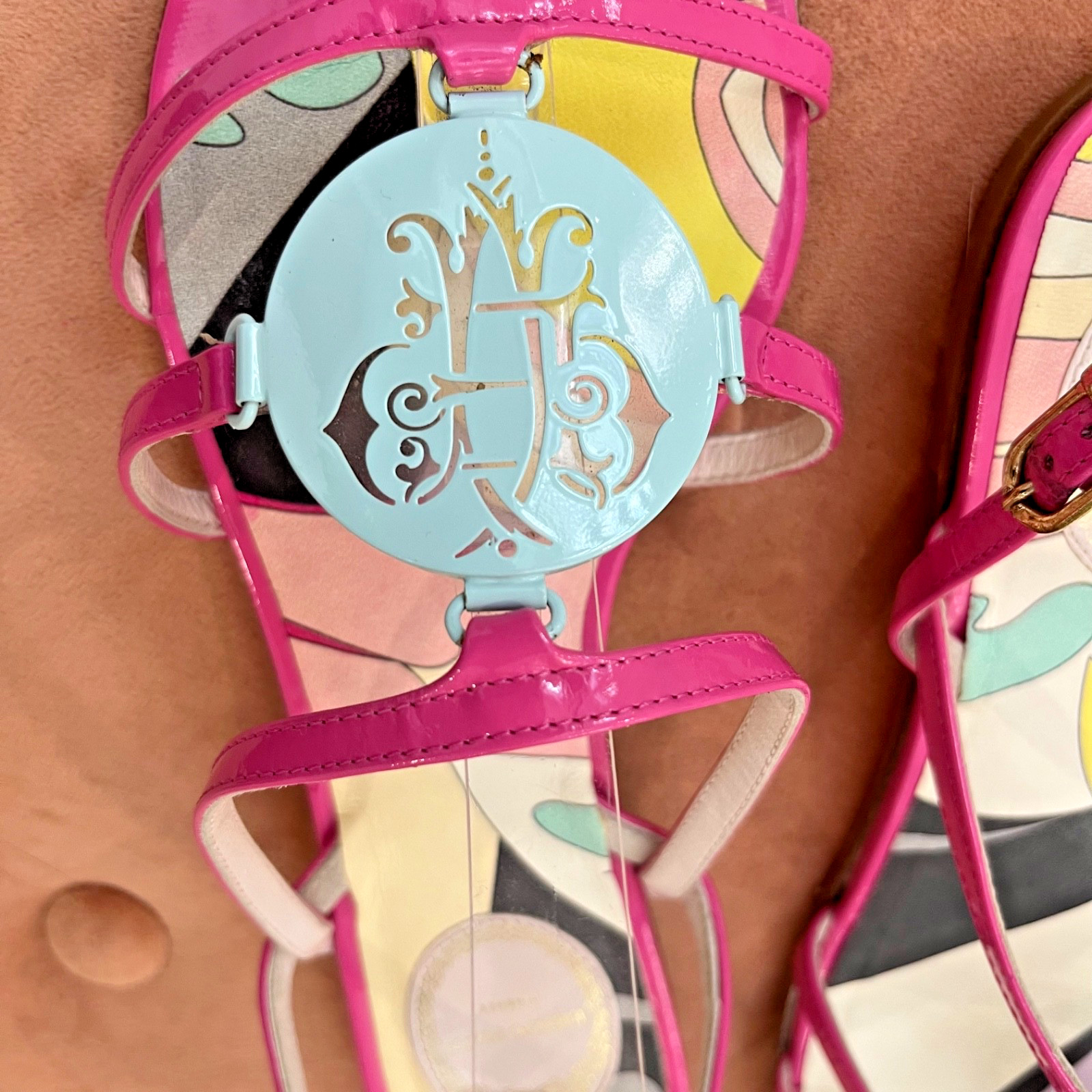 Emilio Pucci Leather Sandals Flats W Dust Bag Pink Green Logo Medallion- Size 37