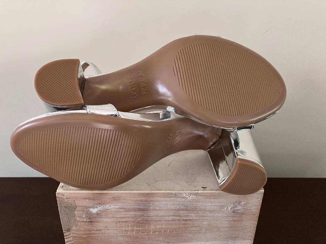 ANKIS Women’s Size 7 Silver Metallic Block Heel Open Toe Sandals – New!