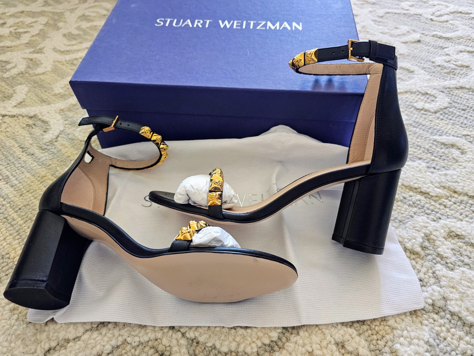 New with Box STUART WEITZMAN 75 Rose Marie Black Arizona Block Heel Sandals 7