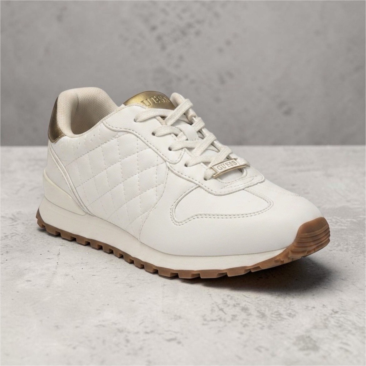 GUESS Women’s White Quilted Low-Top Lace-Up Sneakers with Logo Accent