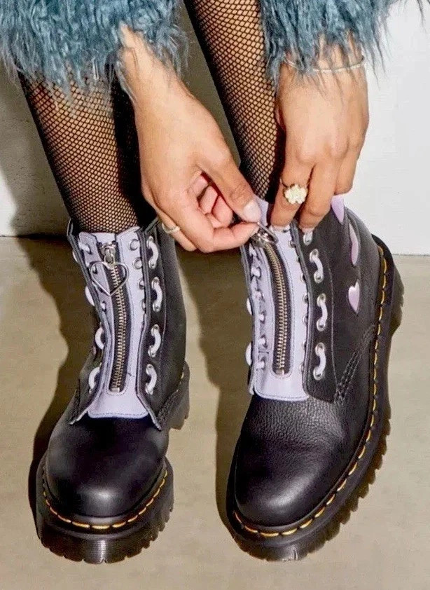 Dr Martens 1460 Zip Heart Black Purple Lace up Combat Boots Goth Punk Grunge 10