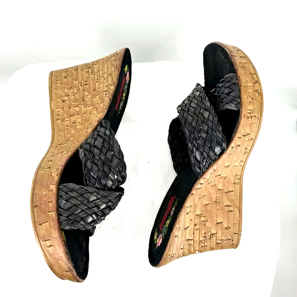 Y2k Bongo Wedge Sandals 7 Braided Black Chunky faux Wood Platform Boho 90’s Vtg