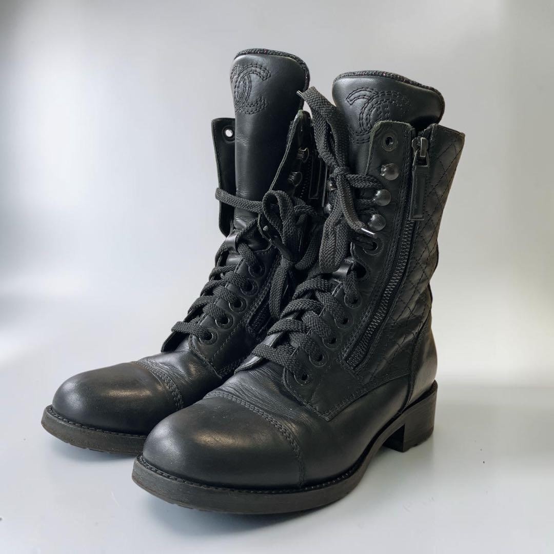 CHANEL Lace Up Boots Womens Black Leather Quilted CC Logo CombatZip US 6.5