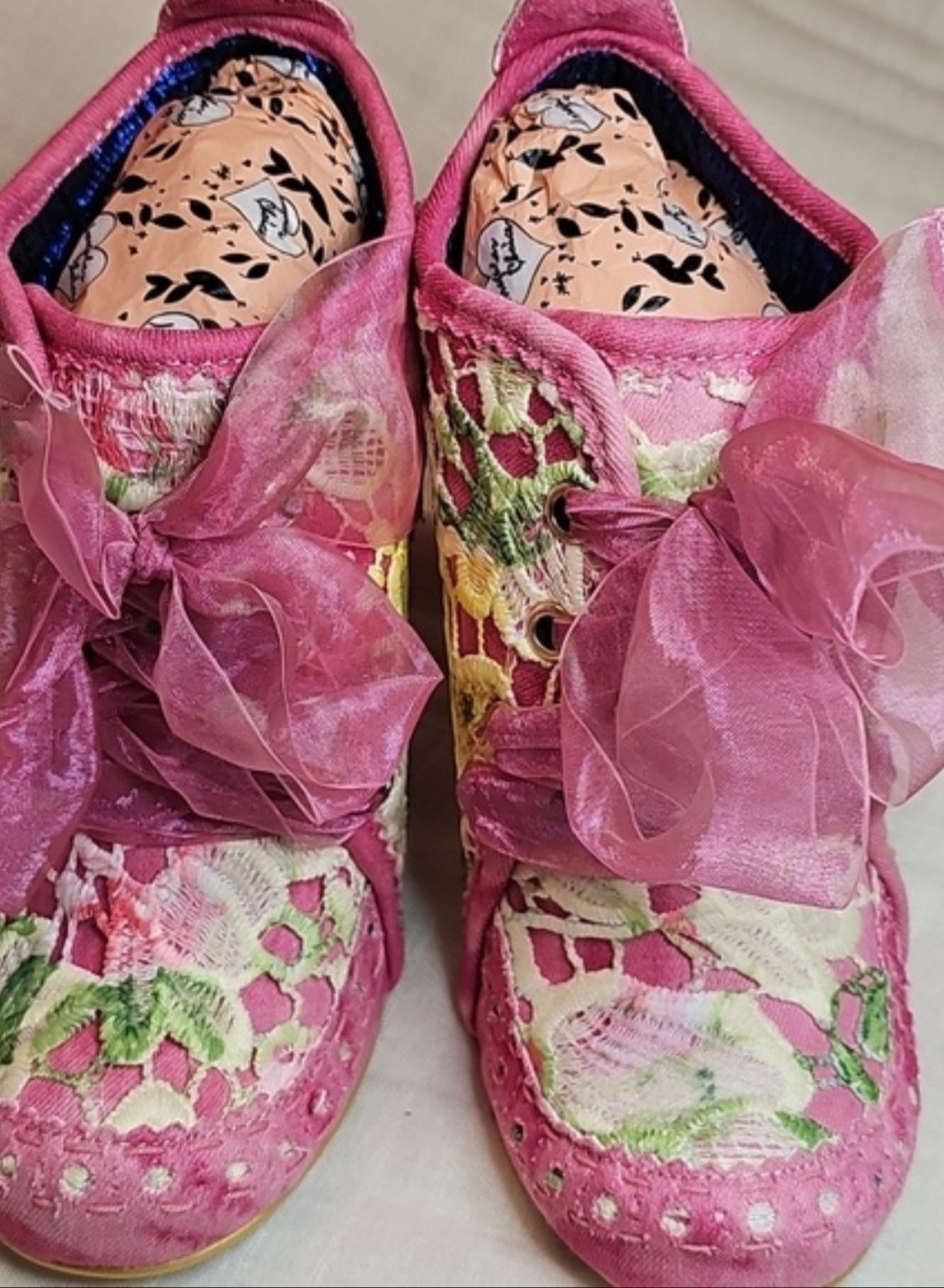 Irregular Choice Abigail’s Third Party Pink Floral Lace Denim Bootie Heels, US 5