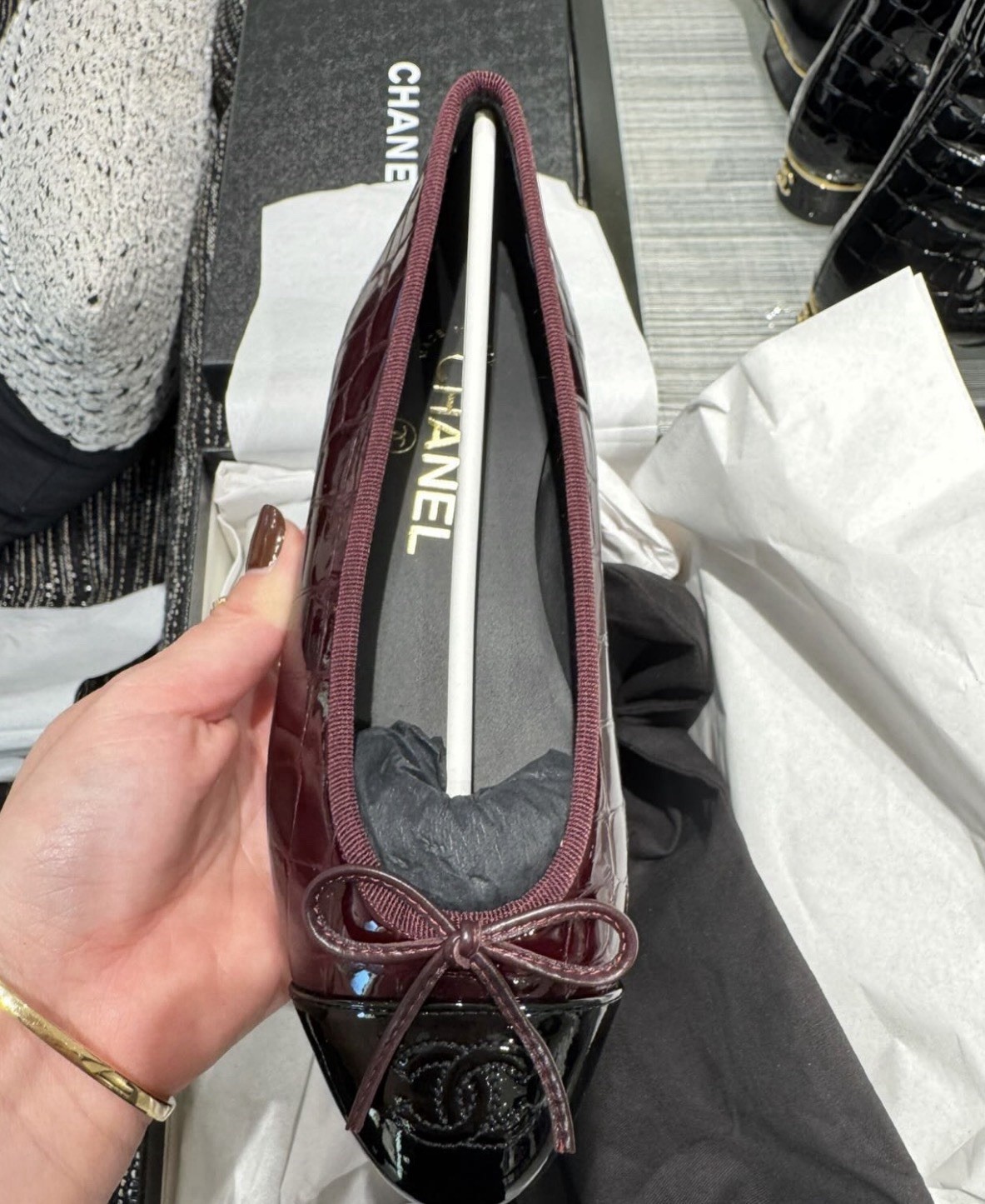CHANEL Croc Embossed Ballet Flats, Bow Logo