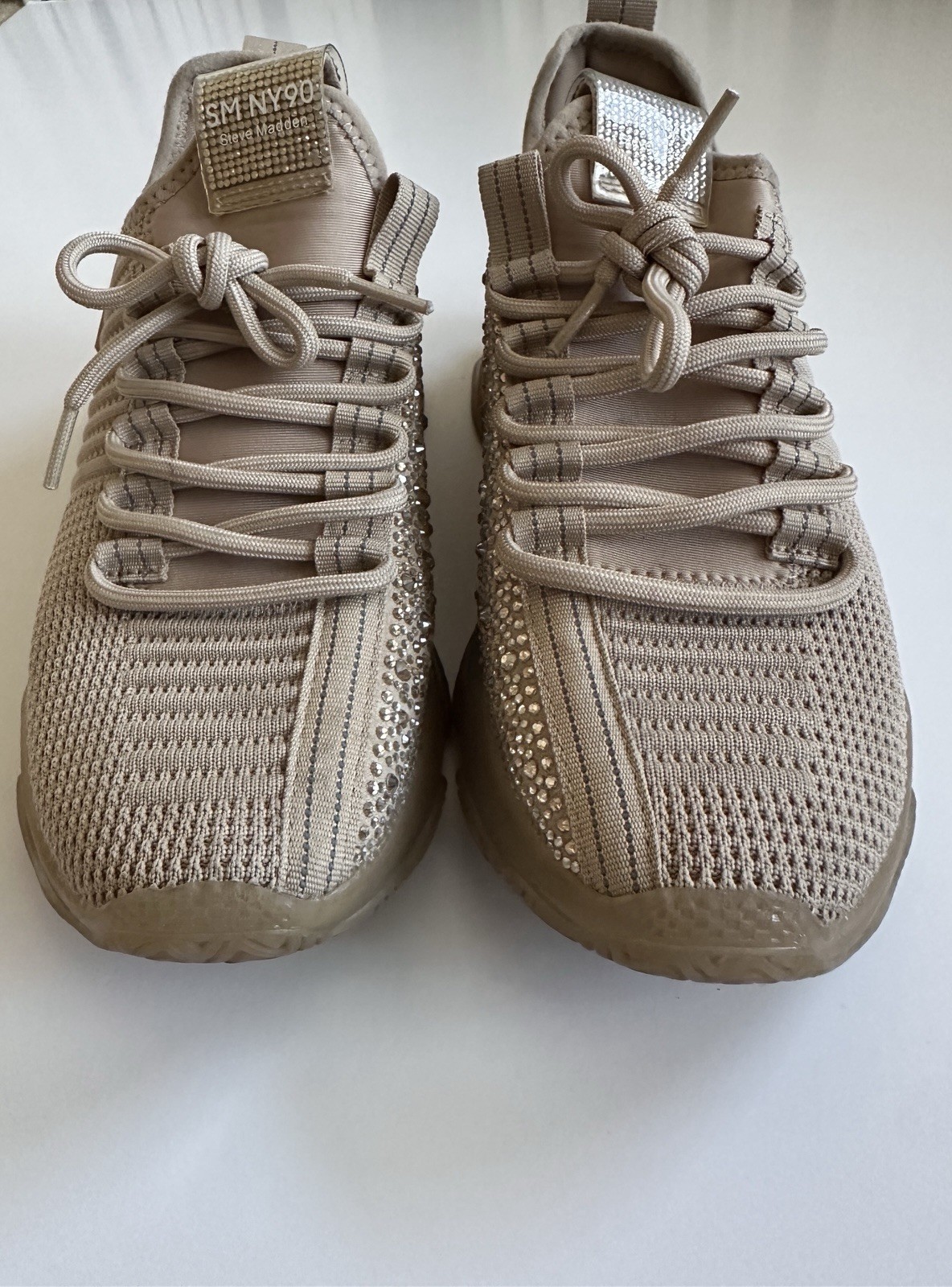 Steve Madden SM NY90 Beige Rhinestone Knit Lace Up Women’s Athletic Sneakers 8M