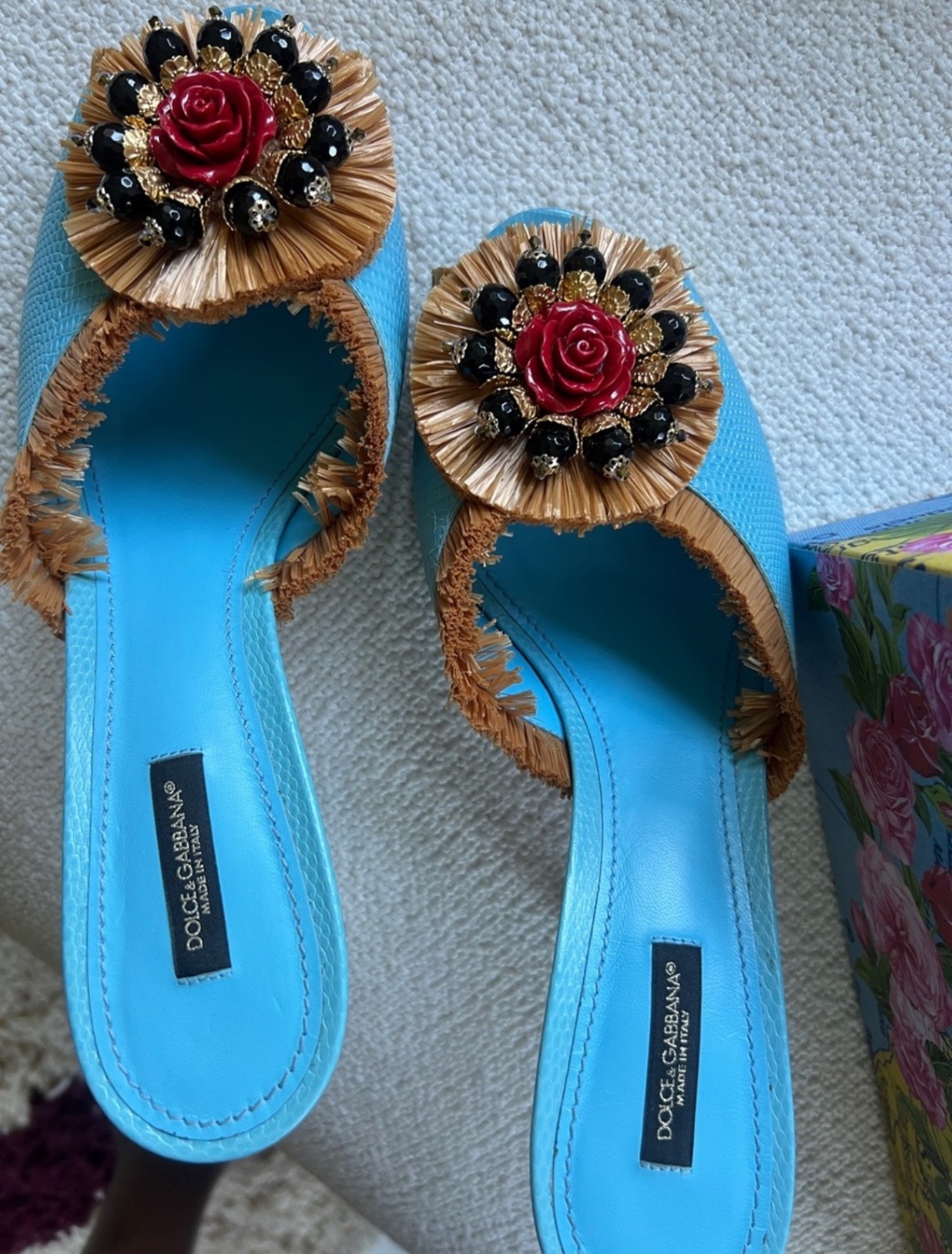 Dolce & Gabbana Iconic Raffia and Leather Peeptoe Mules. Size 41/US 11