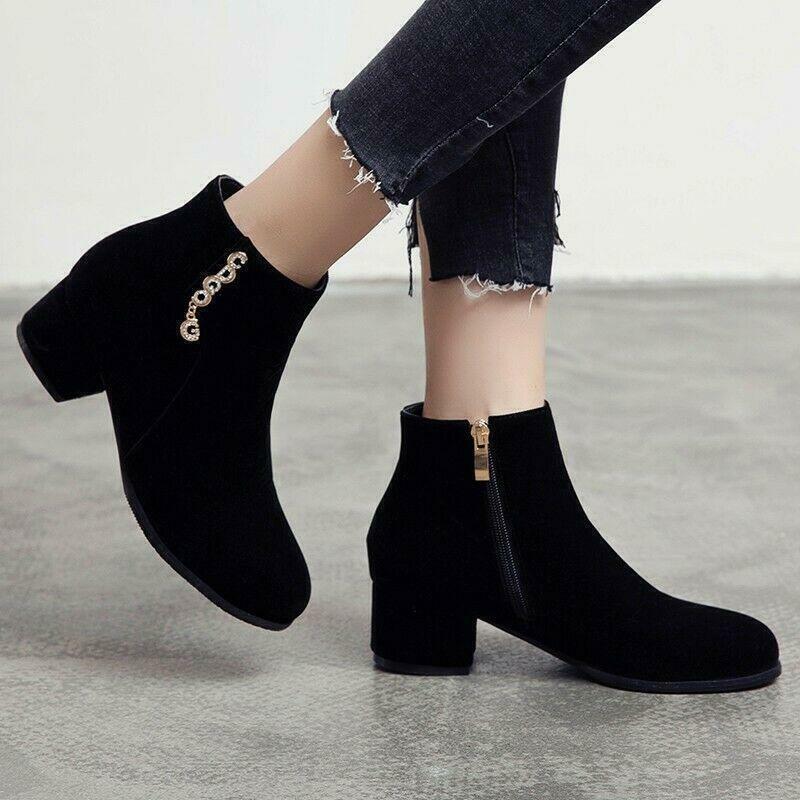 Womens Ankle Boots Round Toe Rhinestone Chunky Heel Side Zip Shoes 50/51/52 Hot