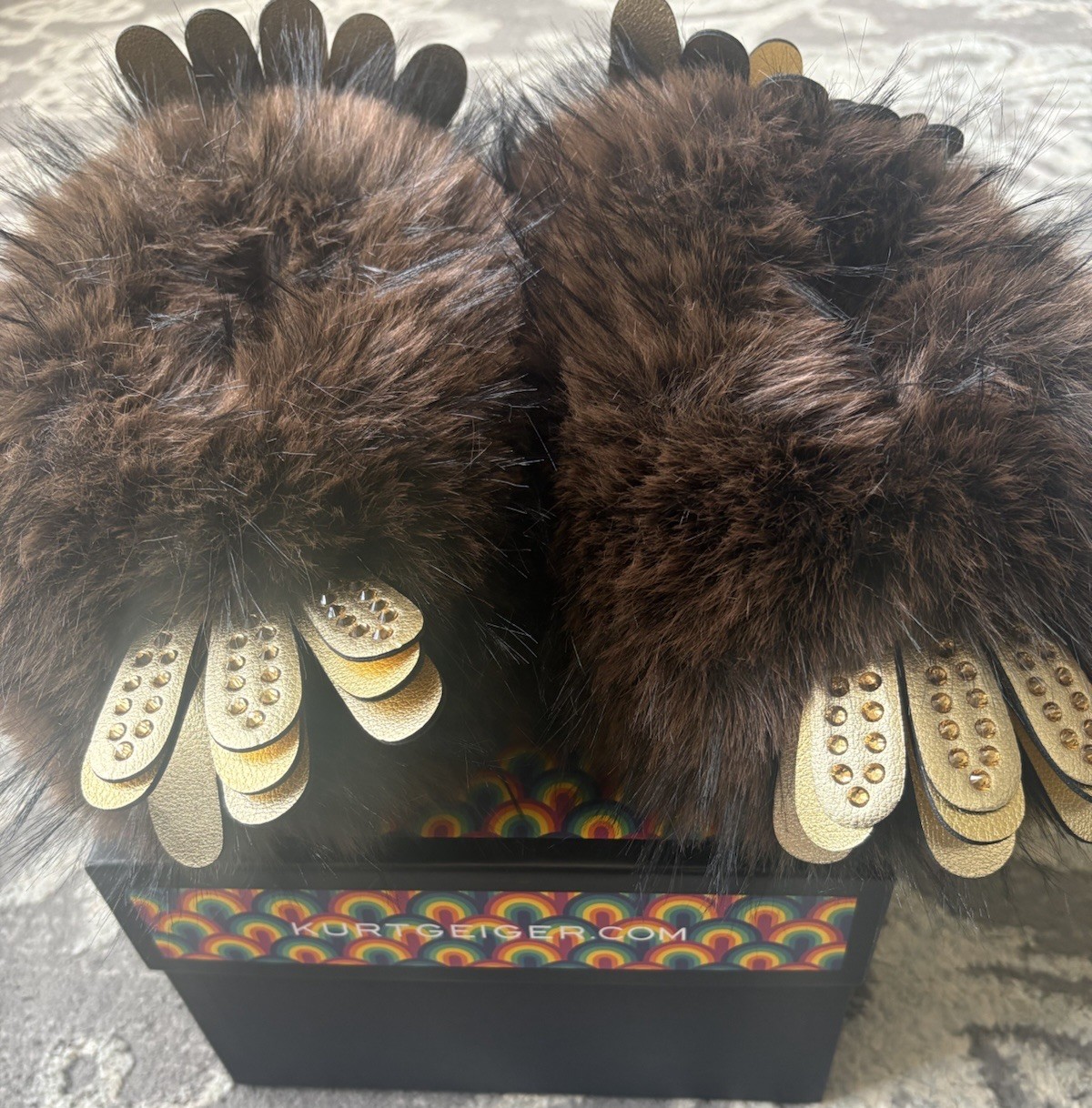 Kurt Geiger London-Eagle Fluff Faux Fur Bedazzled Brown/Gold Slippers, 8/9 New