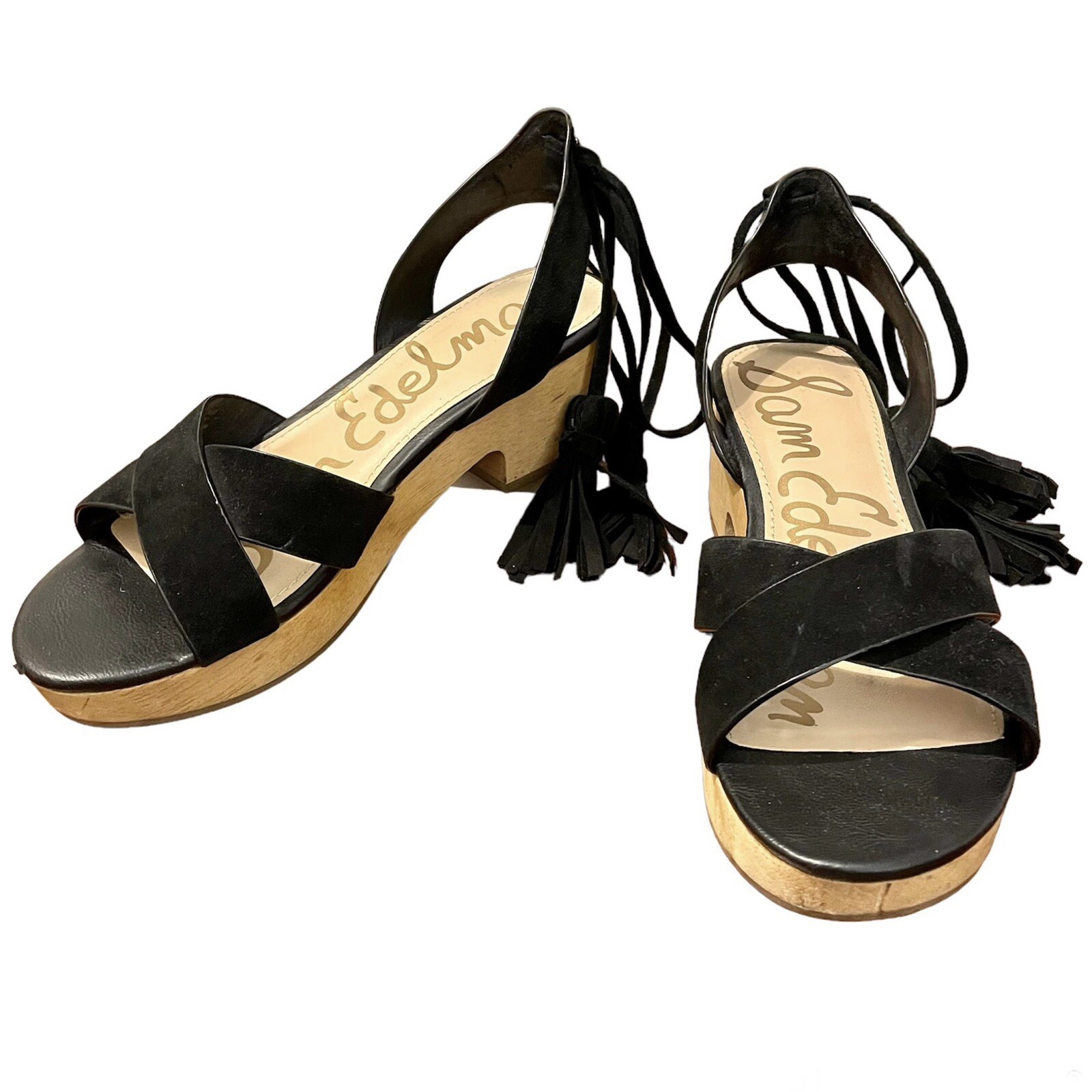Sam Edelman 7 Jenna Sandals Black Ankle Straps Wooden Heel Platform Suede Boho