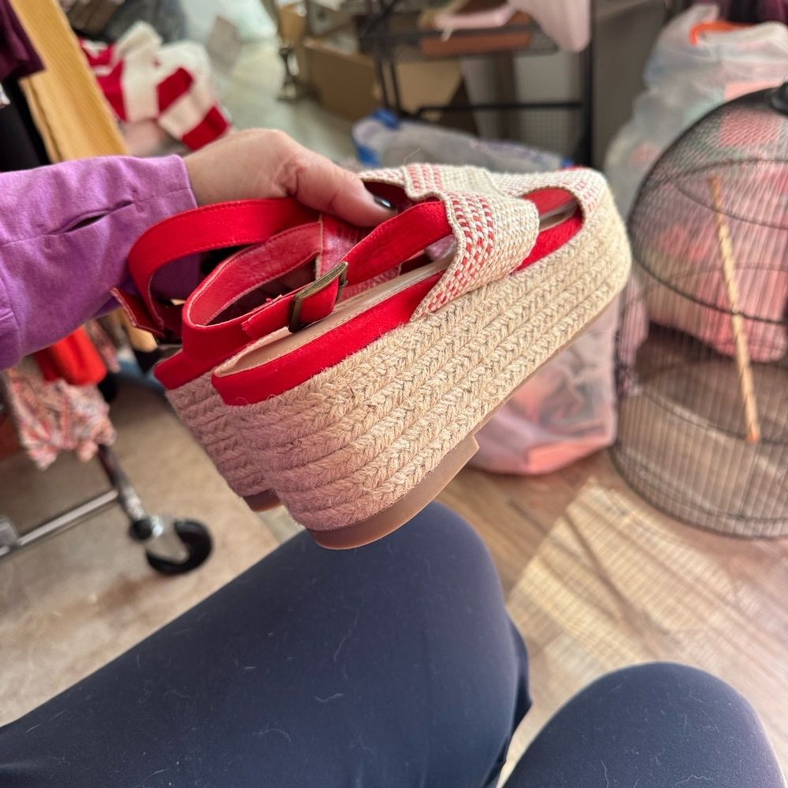 Justfab Red and Cream Woven Aura Platform Sandals