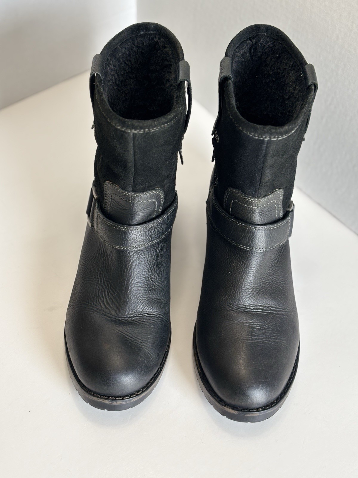 WRANGLER Women’s 7.5 Black Leather Strap Buckle Lined Moto Biker Ankle Boots
