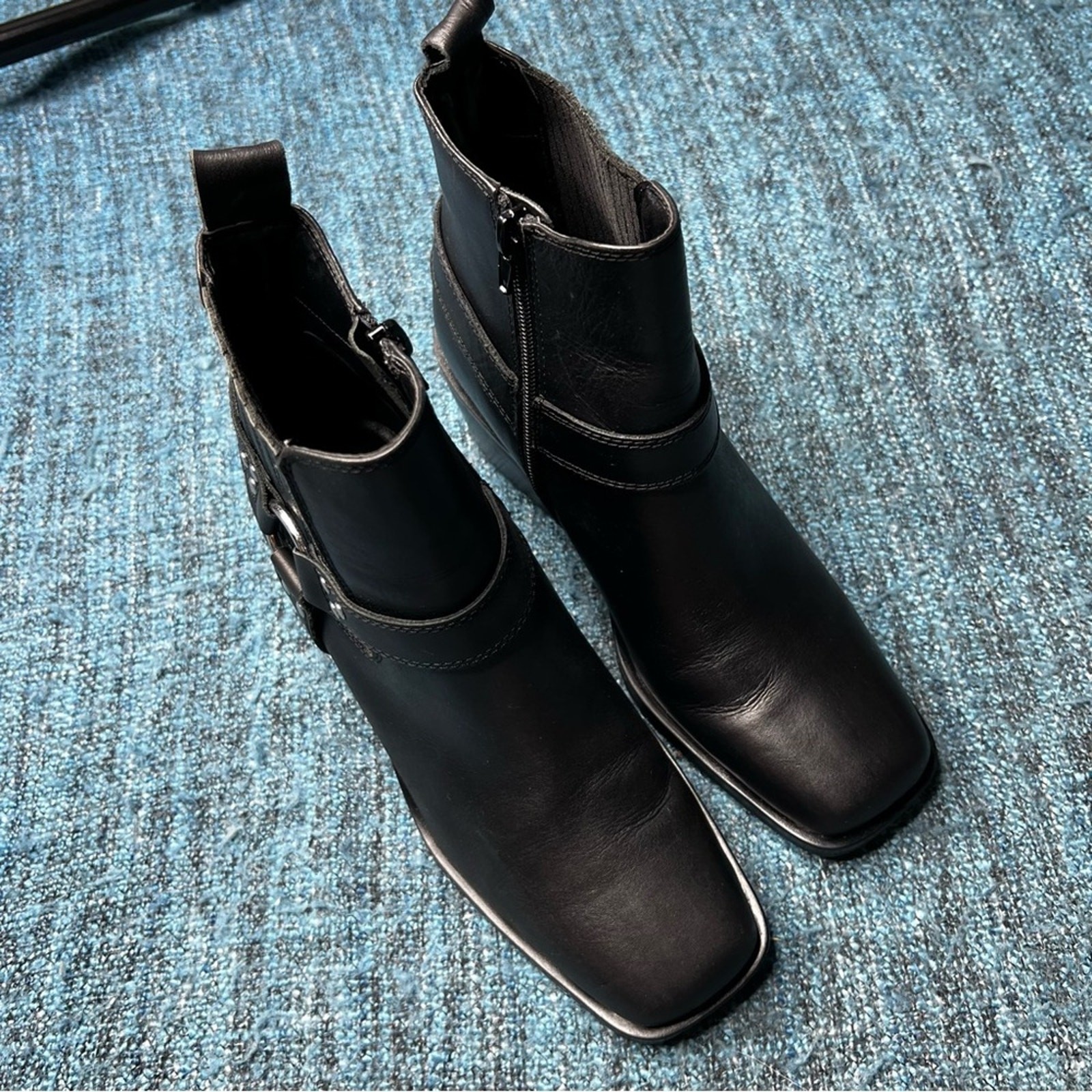 Steve Madden Wells Black Leather Harness Boots Square Toe with Heel Women’s 8