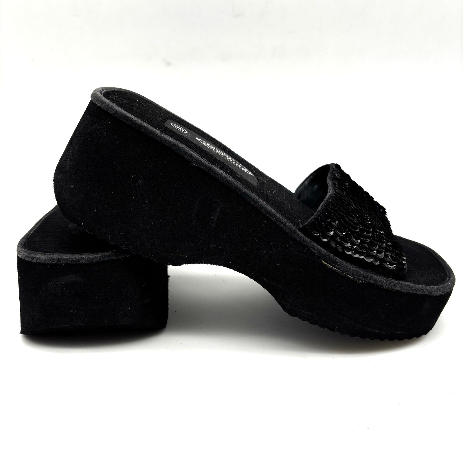Vintage 90s Y2K Lower East Side 10706 Black Platform Sequin Strap Slide Sandal 8