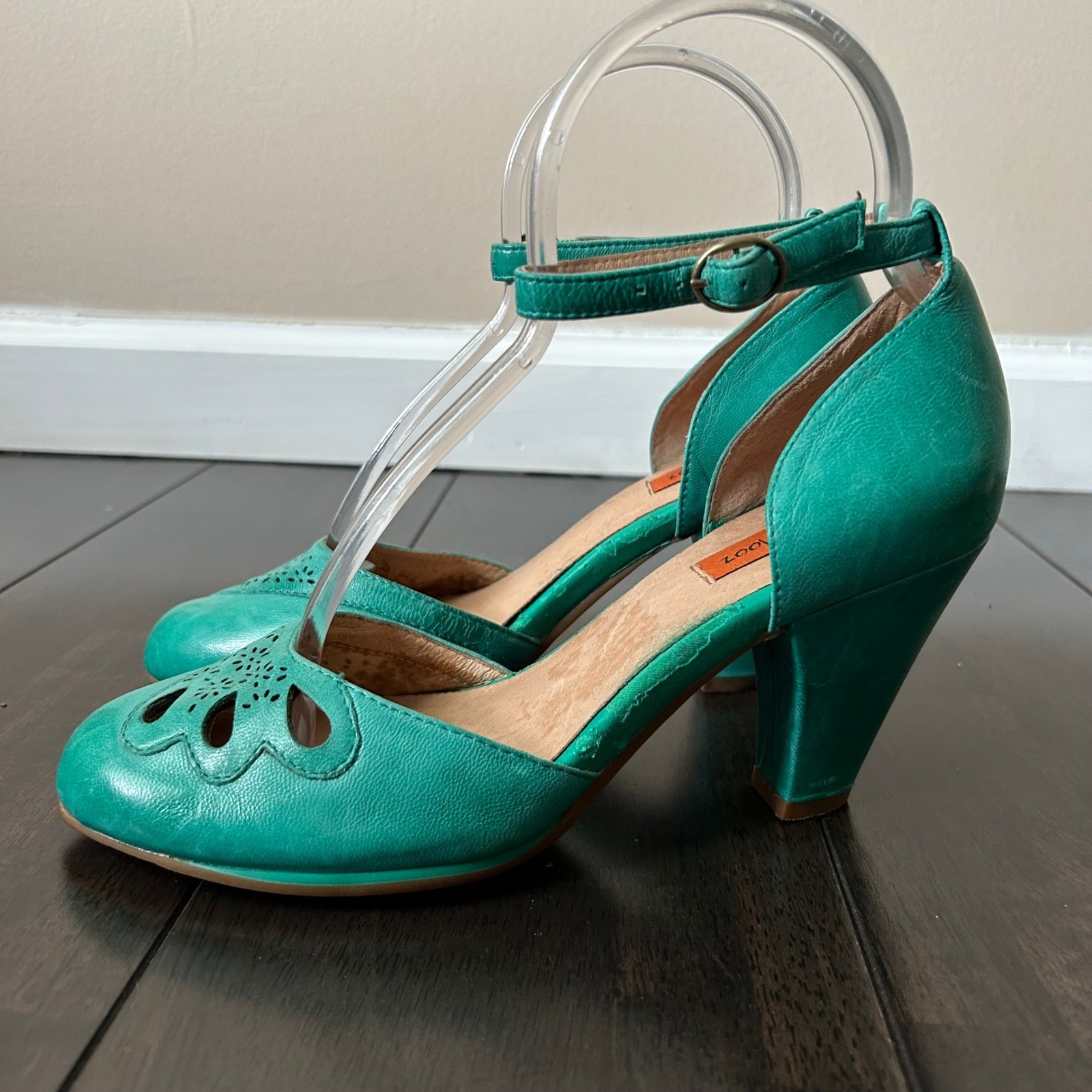 Miz Mooz Teal Leather Laser Cut Scalloped Ankle Strap D’Orsay Cone Heels 7