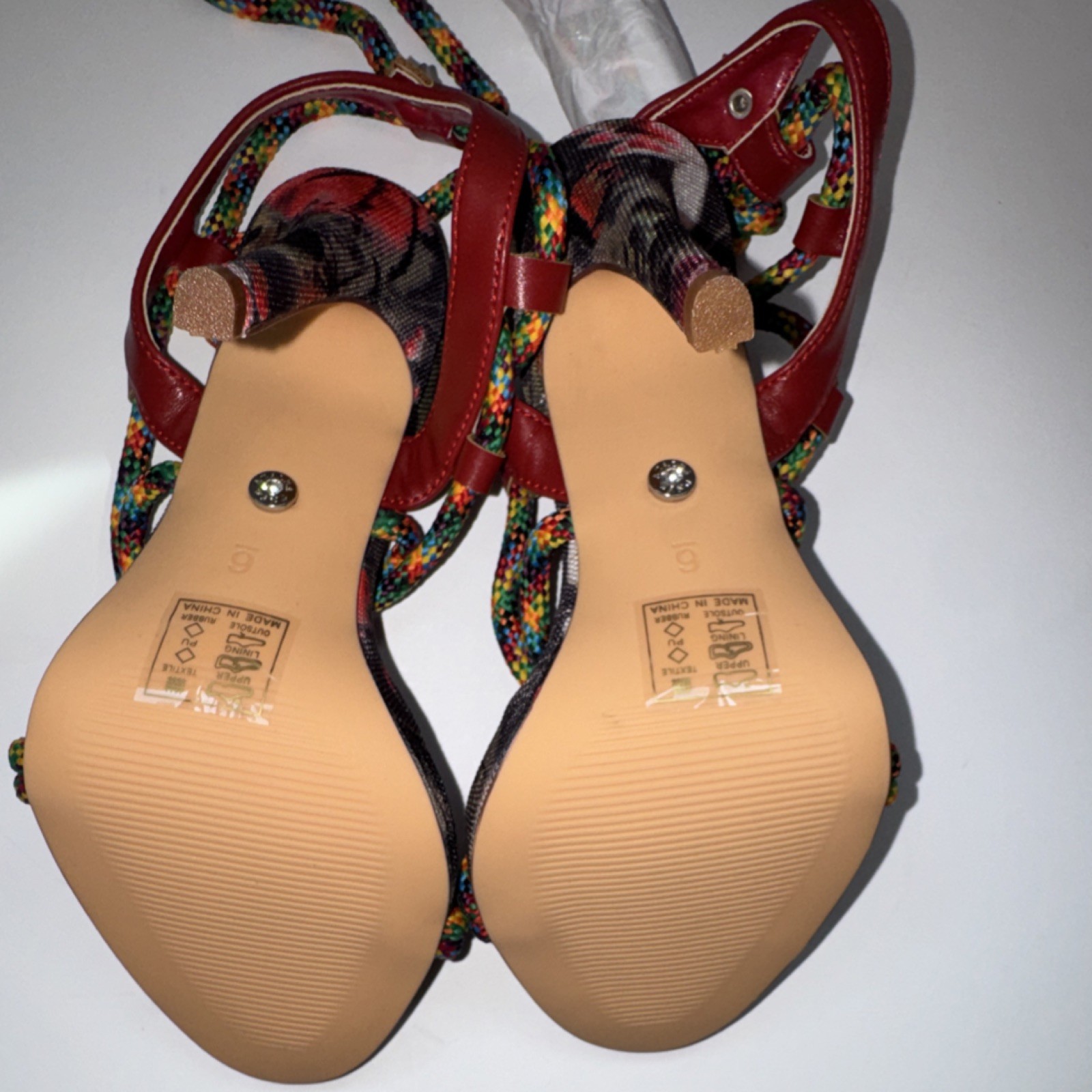 Azalea Wang Red Multicolor Strappy Ankle Strap Stiletto Heel Women’s Sz 6