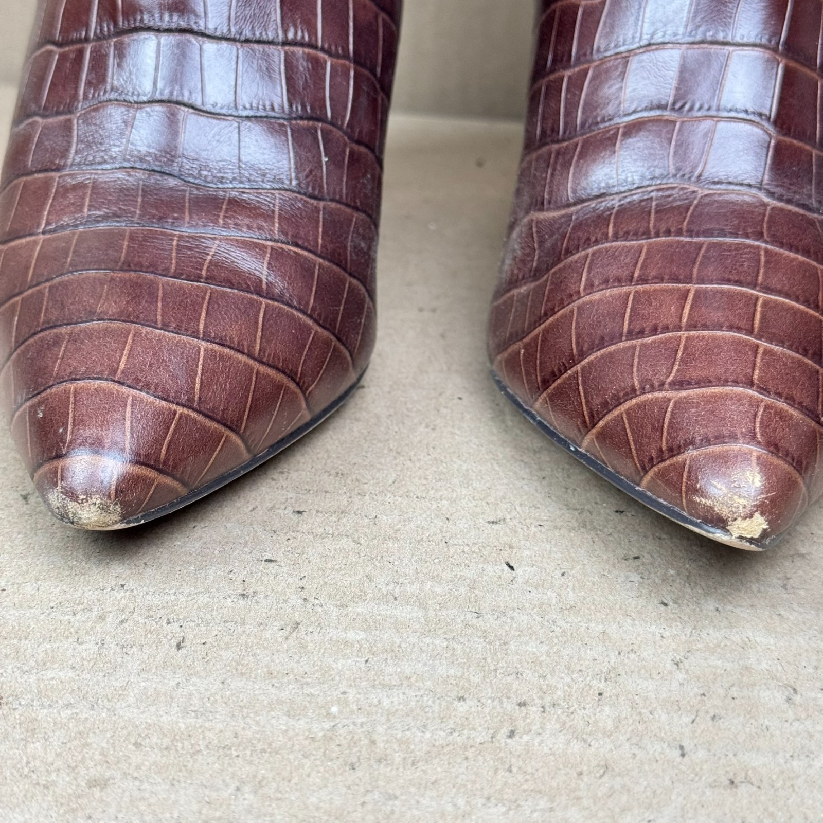 Aqua Women’s Brown Croc Embossed Leather Tall Heeled Boots Size 9 damage