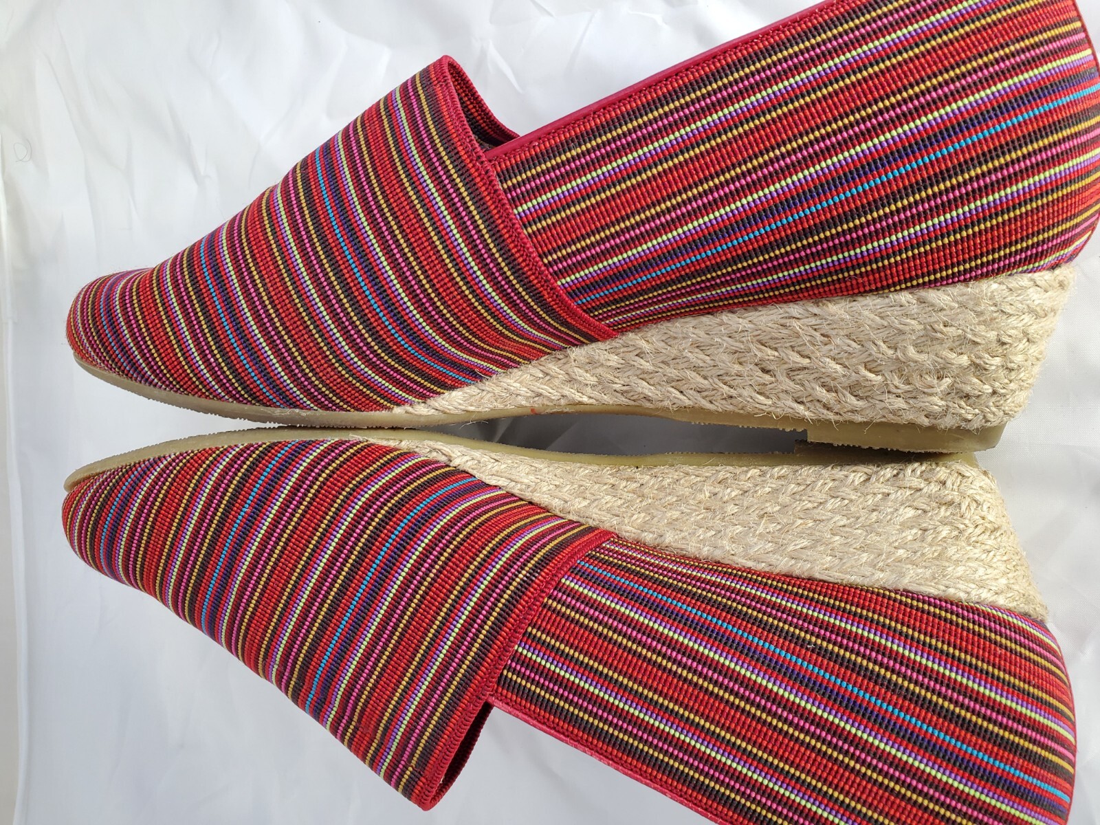 SAS Becky RED Multicolor Stripe Slip on Shoes Espadrilles Wedge Heels Size 11 W
