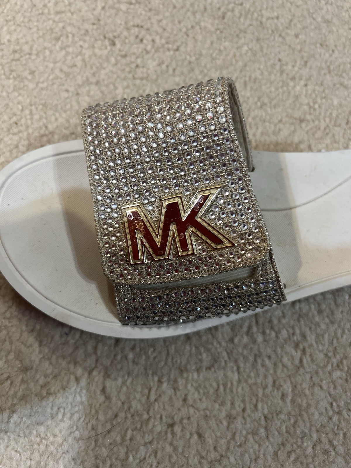 Michael Kors MK Rhinestone Slide Sandals White Gold Logo Women’s Size 8