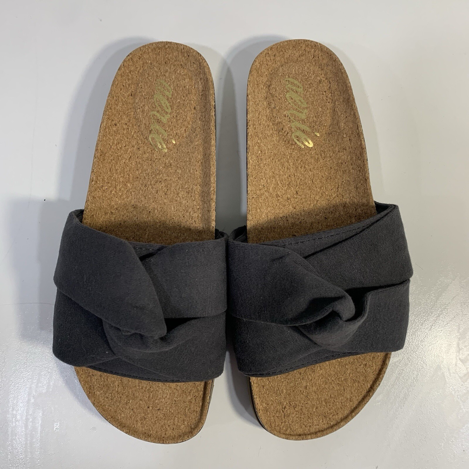 Aerie Gray Leather Suede Knot Twist Detail Slides Sandals Women’s Size 6 / 37